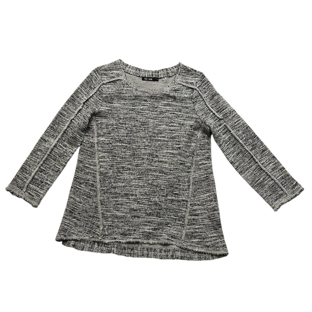 NIC+ZOE Black White & Silver Metallic Raw Edges Fringe Knit Top Size Small Knit